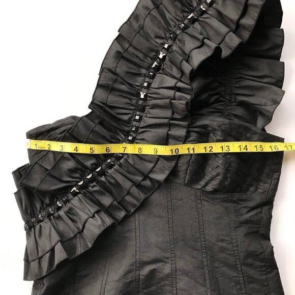 PLENTY party LBD, one-shoulder, silk, ruffle & bling form-fitting dress sz 8 - Picture 10 of 16